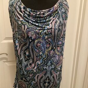 Paisley Cowl-Neck Sleeveless Blouse in Blue, Red, and Yellow.  C28